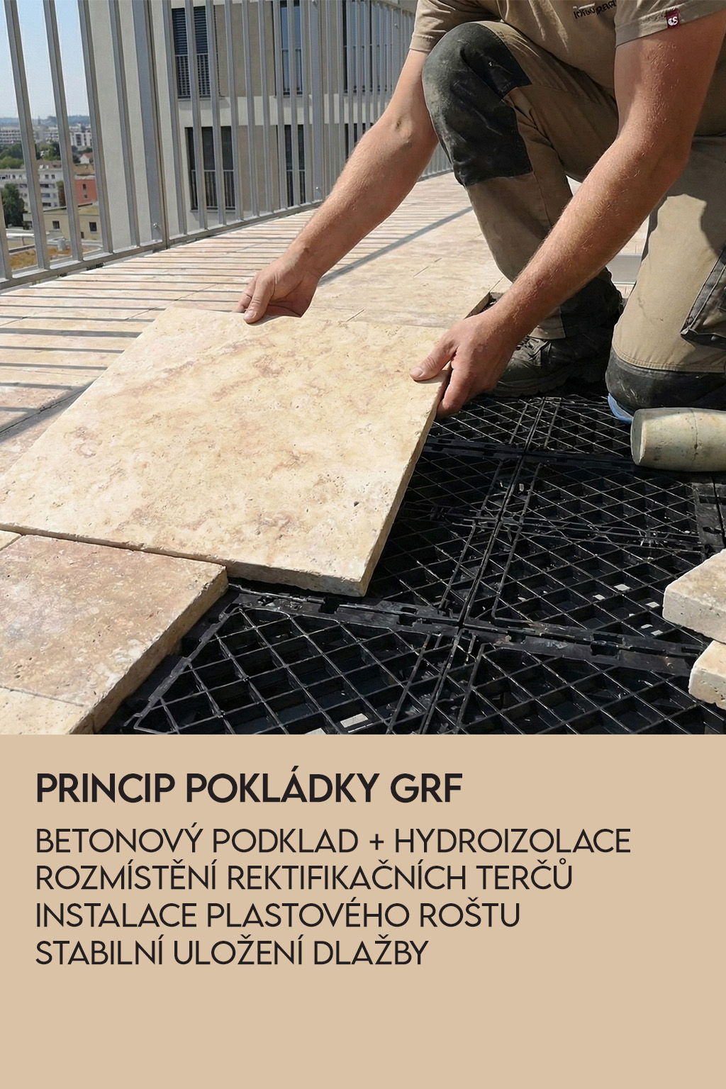 princip pokldádky GRF - betonovy podklad, hydroizolace, pečlive rozlození